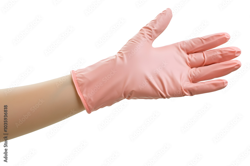 Hand with protective disposable rubber latex glove isolated on white background Hand with protective disposable rubber latex glove isolated on white background