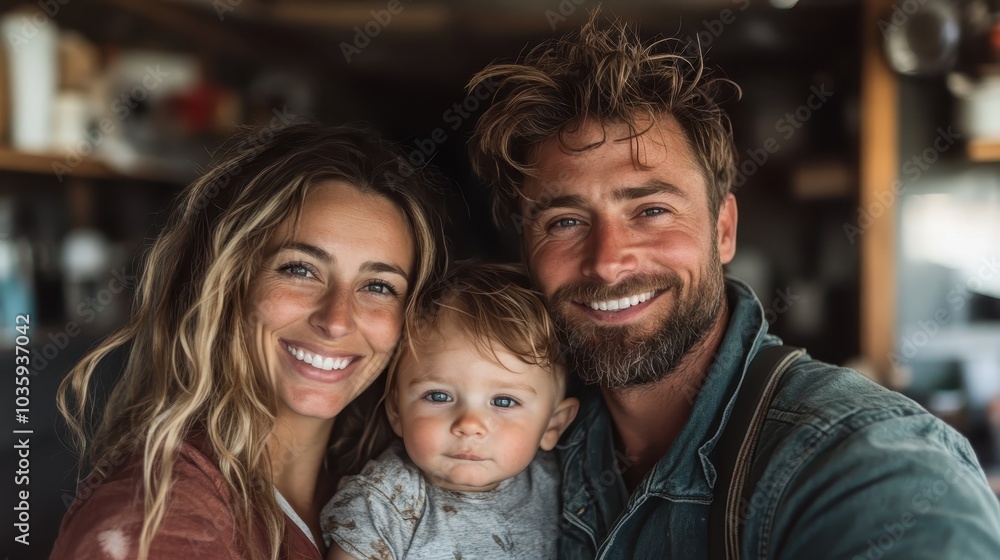 A joyful family, consisting of a man, woman, and a toddler boy, poses together indoors capturing a warm and cozy family moment in a homey environment. A joyful family, consisting of a man, woman, and a toddler boy, poses together indoors capturing a warm and cozy family moment in a homey environment.