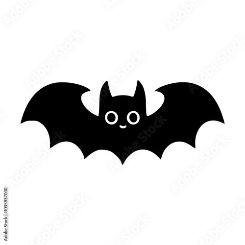 Black-and-white vector illustration of a cute bat with wide eyes, ideal for Halloween-themed designs or playful spooky graphics.