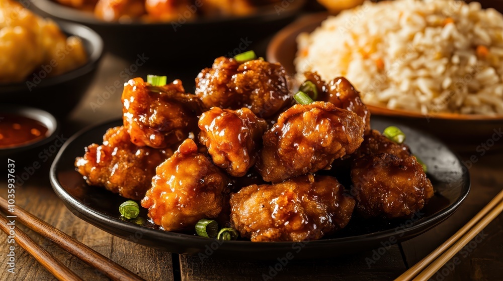 A delicious plate of sticky sweet sesame chicken glistens in a rich sauce, complemented by steamed rice, offering a delightful blend of flavors and textures. A delicious plate of sticky sweet sesame chicken glistens in a rich sauce, complemented by steamed rice, offering a delightful blend of flavors and textures.