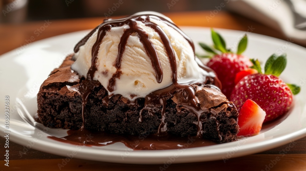 A decadent slice of molten lava brownie with a gooey chocolate center, served warm and topped with vanilla ice cream and chocolate syrup, Molten lava brownie centered A decadent slice of molten lava brownie with a gooey chocolate center, served warm and topped with vanilla ice cream and chocolate syrup, Molten lava brownie centered
