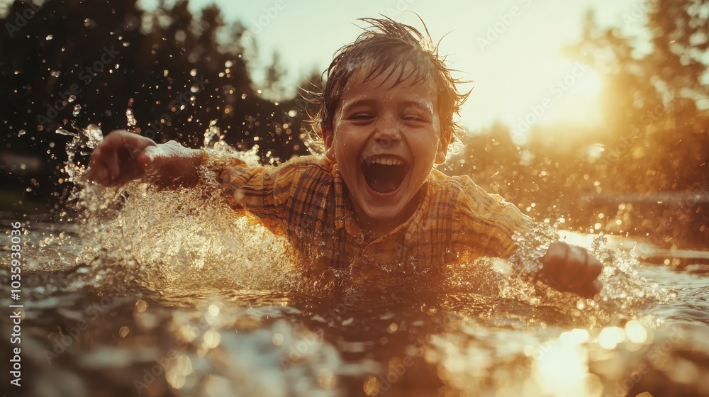 Obraz premium A young boy, full of energy and glee, splashes through water with the golden sunset as a backdrop, embodying the epitome of youthful exuberance and joy.