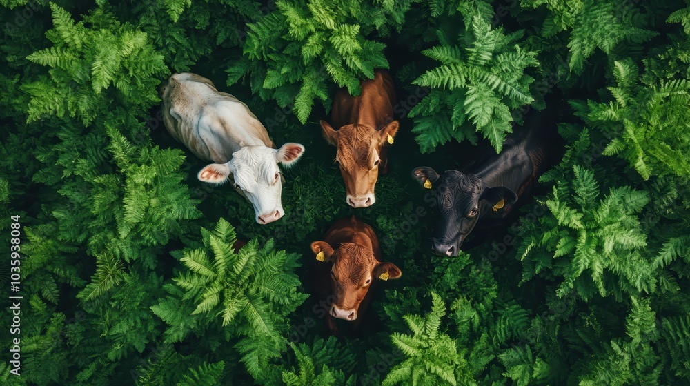 Obraz premium Overhead shot captures four cows of varying colors surrounded by vibrant, dense green ferns, creating a harmonious blend of nature and farm life.