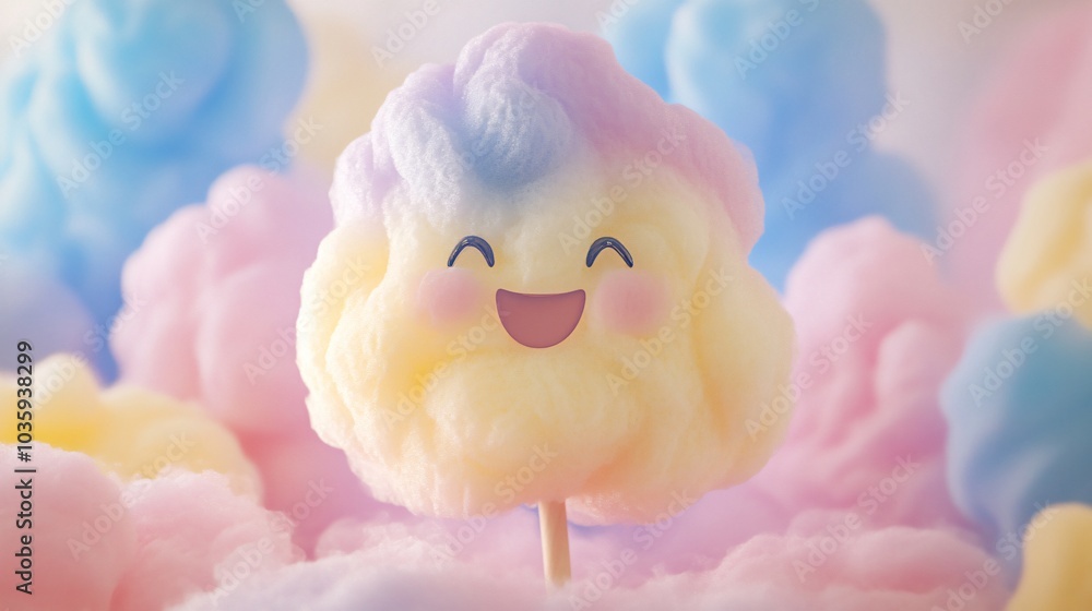 A happy cotton candy with a stick, surrounded by other cotton candy, smiling and showing teeth. A happy cotton candy with a stick, surrounded by other cotton candy, smiling and showing teeth.
