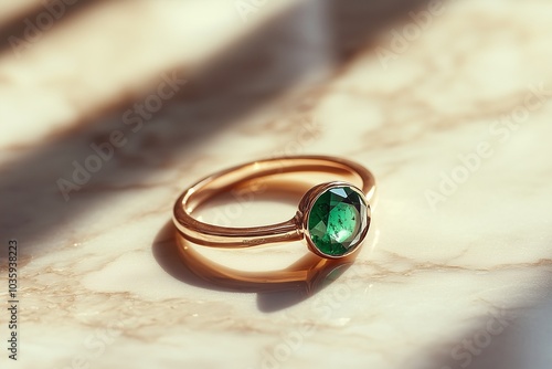 Rose gold ring with an emerald gemstone resting on a marble countertop, surrounded by soft natural shadows.