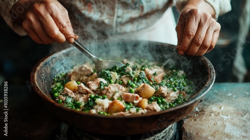 A chef energetically stirs a steaming dish of peas, potatoes, and meat in a rustic pan, symbolizing homely cooking, warmth, and culinary craftsmanship.