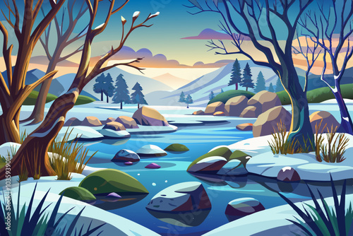 snowy desert vector of savuti marsh landscape with trees and stones, cartoon background