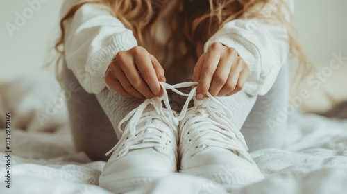 The image showcases hands actively fastening white sneakers, highlighting a cozy and intimate setting, emphasizing preparation and casual fashion elements.