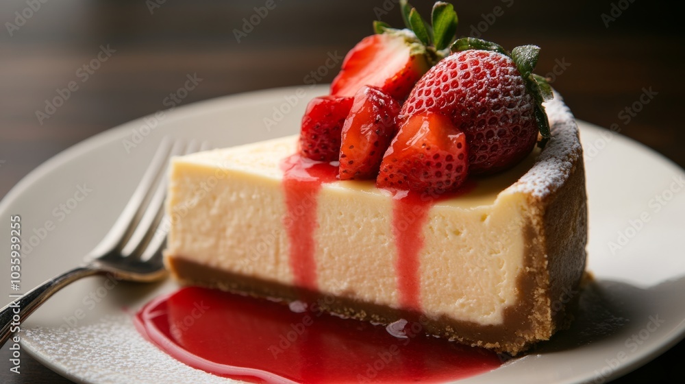 A decadent slice of New York cheesecake topped with fresh strawberries and a drizzle of strawberry sauce, Cheesecake centered, Creamy texture and fruity flavor A decadent slice of New York cheesecake topped with fresh strawberries and a drizzle of strawberry sauce, Cheesecake centered, Creamy texture and fruity flavor