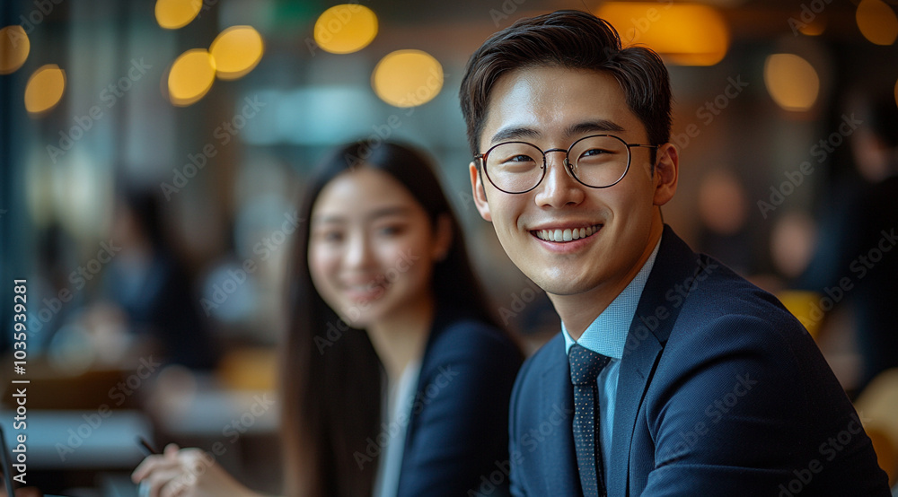 A young Asian man and two beautiful female employees in suits were having a meeting,
A young Asian man and two beautiful female employees in suits were having a meeting,