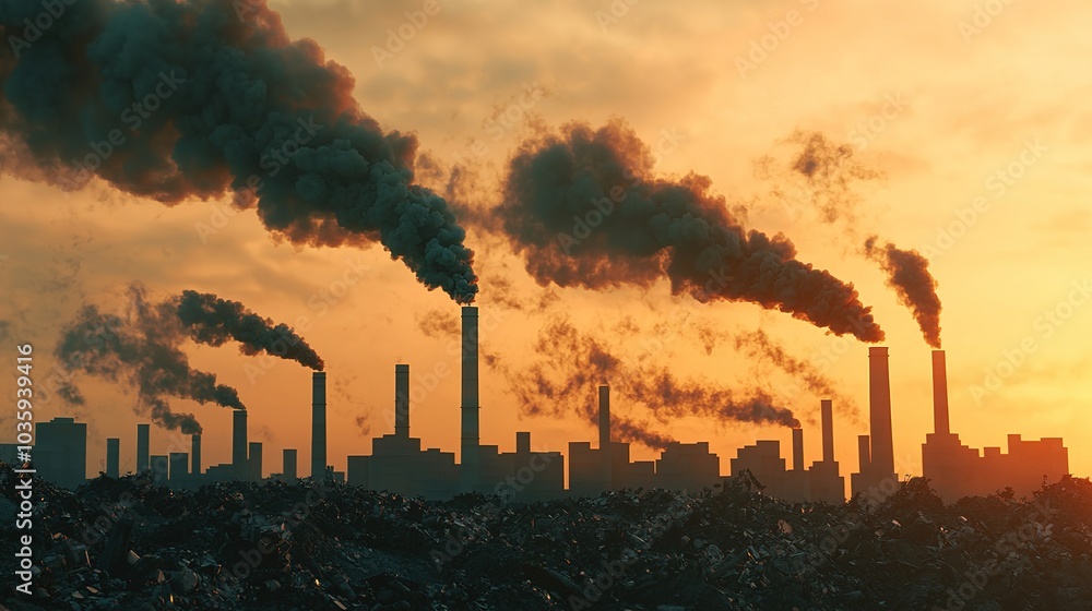 A sunset casts a glow over industrial smokestacks, releasing dark smoke into the sky, highlighting environmental pollution and urban development. A sunset casts a glow over industrial smokestacks, releasing dark smoke into the sky, highlighting environmental pollution and urban development.