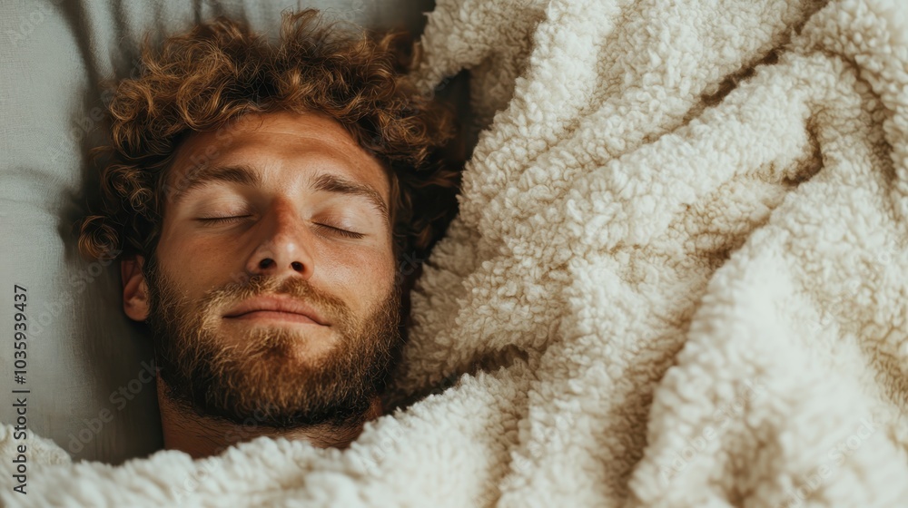 A man with a curly hairstyle, calm and relaxed, sleeping under a thick, cozy fleece blanket, exuding warmth and peacefulness, captured in soft lighting. A man with a curly hairstyle, calm and relaxed, sleeping under a thick, cozy fleece blanket, exuding warmth and peacefulness, captured in soft lighting.