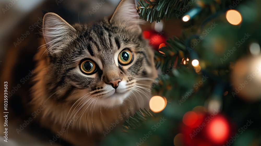 Curious kitten enchanted by Christmas lights Curious kitten enchanted by Christmas lights