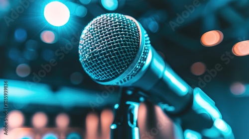 Close-up of microphone on stand in soundproof recording studio, positioned in front of script stand, symbolizing voice acting and audio production.