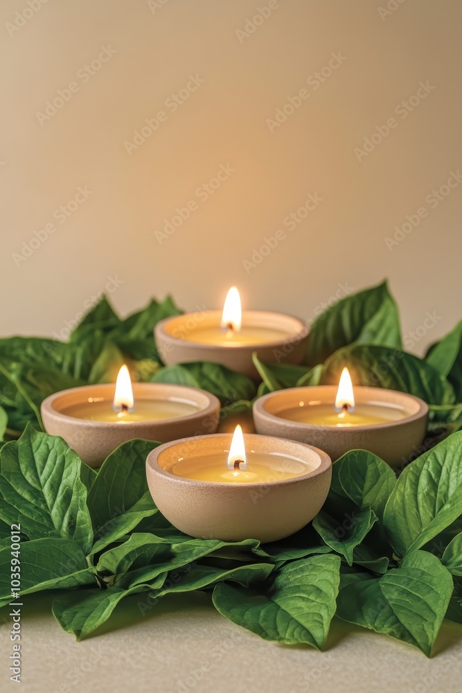 Tranquil Glow Symmetrical Arrangement of Beige Ceramic Candles and Lush Green Leaves on Neutral Background, Serene Home Decor Concept Tranquil Glow Symmetrical Arrangement of Beige Ceramic Candles and Lush Green Leaves on Neutral Background, Serene Home Decor Concept