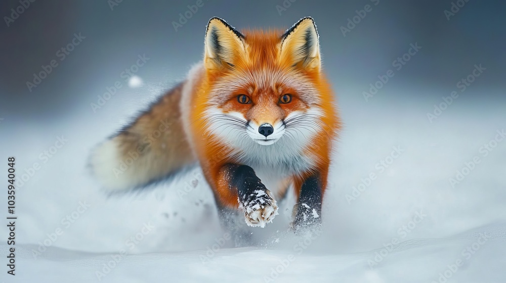 Obraz premium Arctic wilderness: Red Fox strides across snow-covered tundra, its natural habitat in Siberia's icy expanse. Witness the beauty of Chukotka and Russia's Far East