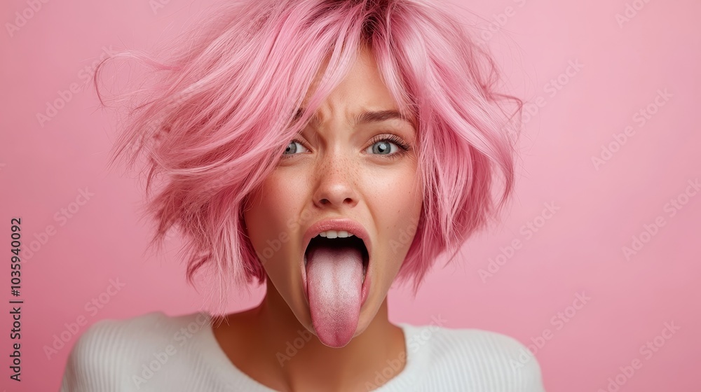 An energetic woman with pink hair makes a funny face by sticking her tongue out. Set against a pink backdrop, her look is bold and captivating with high energy.