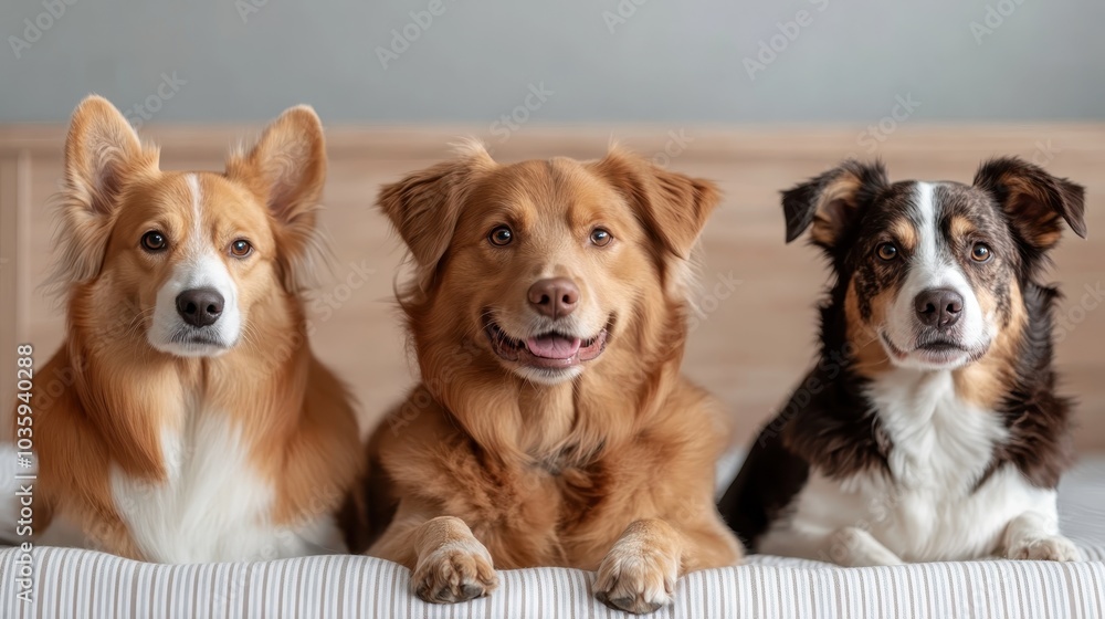 Three dogs sit attentively on a neatly made bed, showcasing playful and curious expressions, while exhibiting diverse fur patterns and colors, in a cozy, serene setting. Three dogs sit attentively on a neatly made bed, showcasing playful and curious expressions, while exhibiting diverse fur patterns and colors, in a cozy, serene setting.