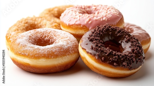 A mix of donuts displayed with chocolate topping, pink icing, sugar dusting, and sprinkles, offering an indulgent selection of confections on a white background.