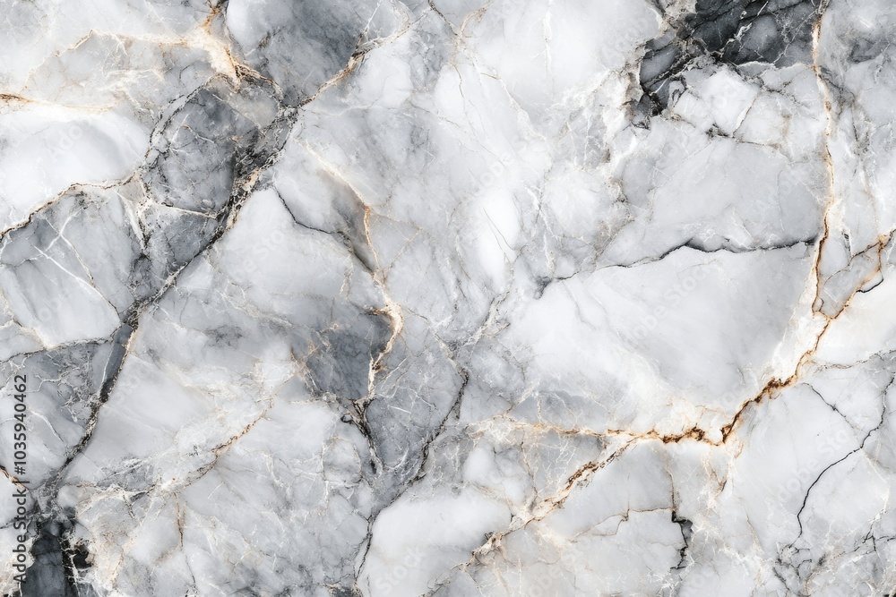 A close-up of a smooth, white marble surface with gray and gold veins. A close-up of a smooth, white marble surface with gray and gold veins.