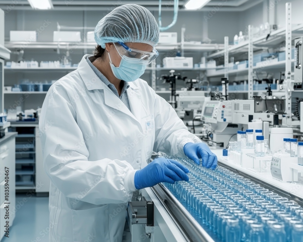 Naklejka premium Precise Laboratory Workflow Technician Examining Blue Liquid Vials in Modern Setting