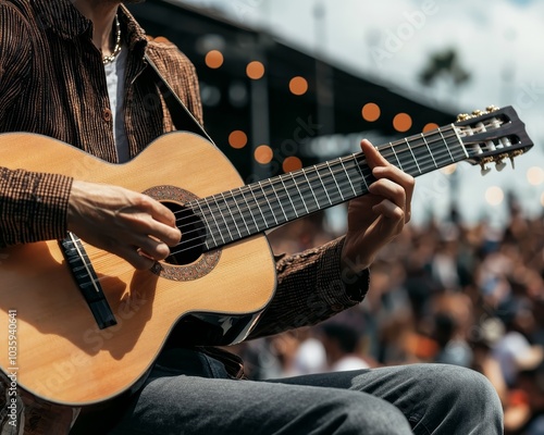 Intimate Acoustic Guitar Performance Close-up of Musician Playing at Night Concert with Blurred Audience - Musical Artistry and Vibrant Atmosphere photo