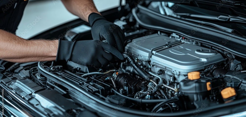 Expert Mechanic's Hands Working on Car Engine in Dimly Lit Garage - Close-Up Automotive Repair Concept Expert Mechanic's Hands Working on Car Engine in Dimly Lit Garage - Close-Up Automotive Repair Concept