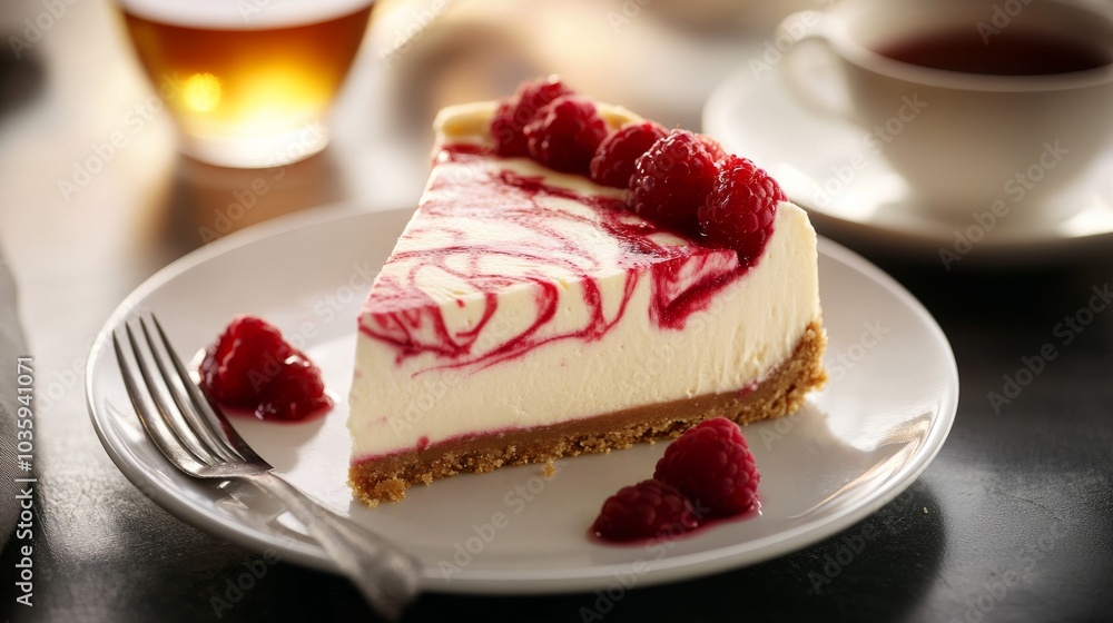 A decadent slice of raspberry cheesecake with a buttery graham cracker crust, creamy cheesecake filling, and raspberry swirls A decadent slice of raspberry cheesecake with a buttery graham cracker crust, creamy cheesecake filling, and raspberry swirls