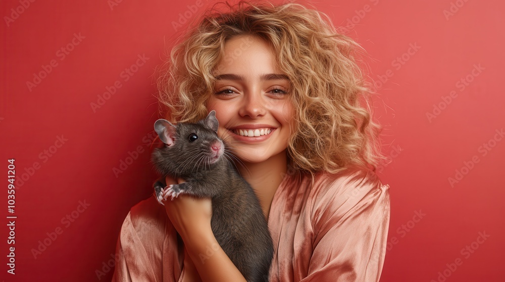 A woman with curly hair joyfully holds a rat while standing against a richly colored red background, creating a vivid and striking composition of happiness and color. A woman with curly hair joyfully holds a rat while standing against a richly colored red background, creating a vivid and striking composition of happiness and color.