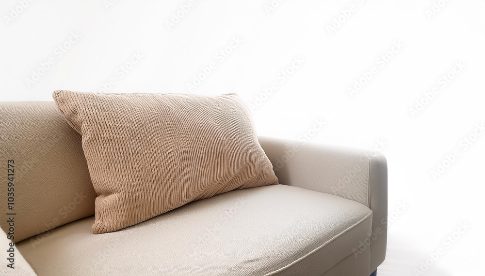 Fototapeta premium Beige blanket on the sofa on side position provides copy space for text. background concept isolated white