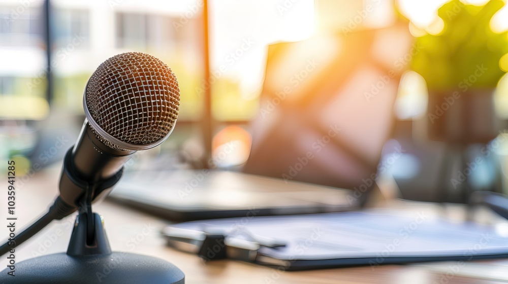 Close-up of microphone on stand in soundproof recording studio, positioned in front of script stand, symbolizing voice acting and audio production. Close-up of microphone on stand in soundproof recording studio, positioned in front of script stand, symbolizing voice acting and audio production.