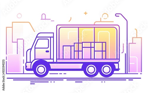 Delivery truck transporting packages through a city at dusk with colorful outlines and modern urban elements