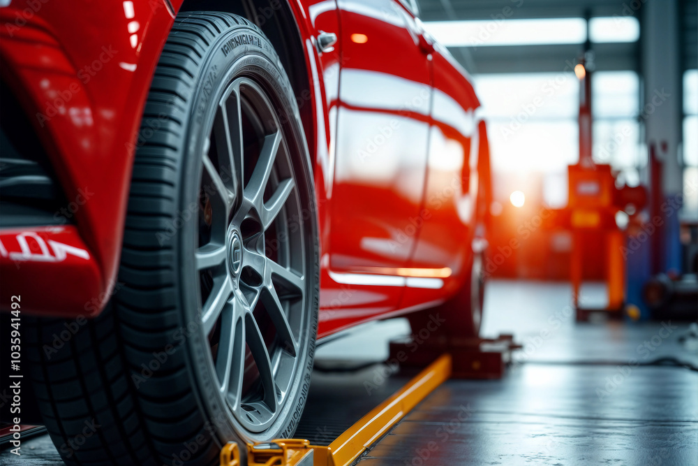 Auto service Garage workshop. The car is raised on a lift at the service station. Car repair and inspection. Technical inspection diagnostics Auto service Garage workshop. The car is raised on a lift at the service station. Car repair and inspection. Technical inspection diagnostics