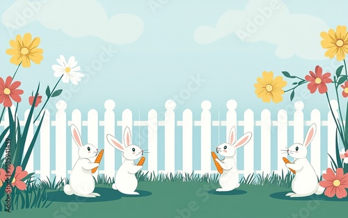 Four white rabbits enjoy their carrots in a vibrant garden surrounded by flowers on a sunny day near a white picket fence photo