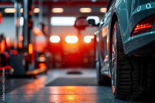 Auto service Garage workshop. The vehicle is lifted on a lift at a service station. Repair and inspection of the car. Technical inspection diagnostics