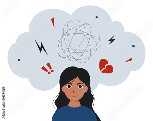 Sad teen girl and cloud of thoughts. Female character in depression, anxiety, frustration, apathy. Vector illustration of mental health concept.