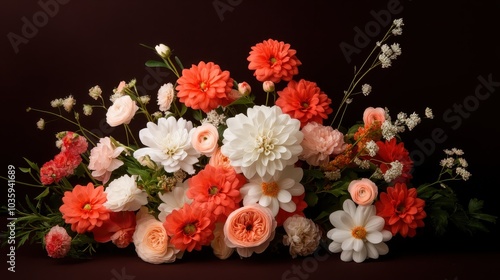 A stunning floral arrangement featuring a variety of orange, white, and pink flowers set against a deep burgundy background, showcasing nature's vibrant beauty. photo