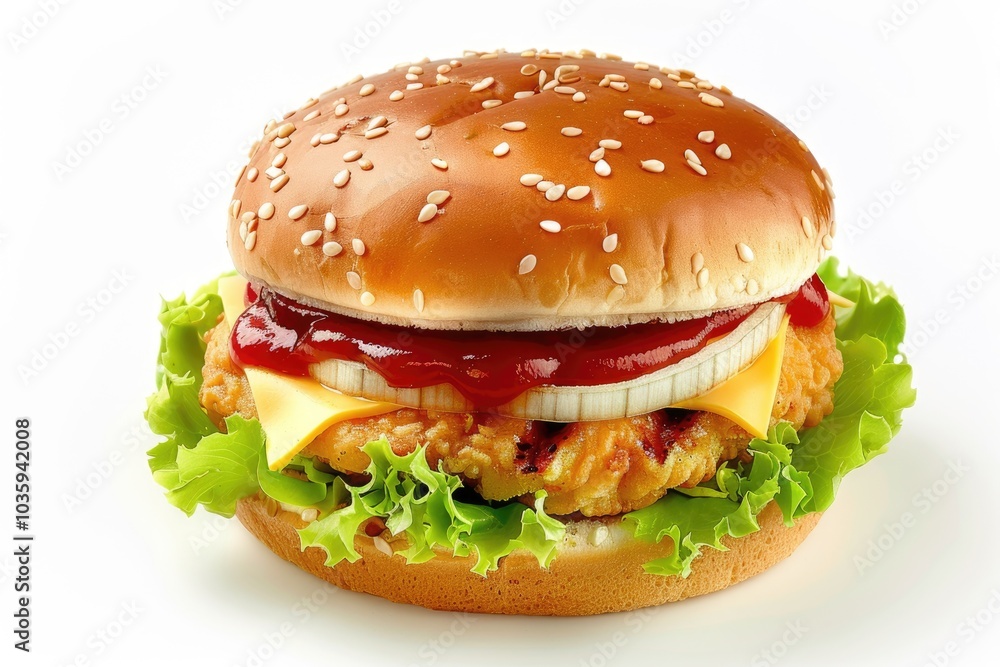 Double Chicken burger with ketchup cheese and mayonnaise on isolated white background. burger Double Chicken burger with ketchup cheese and mayonnaise on isolated white background. burger