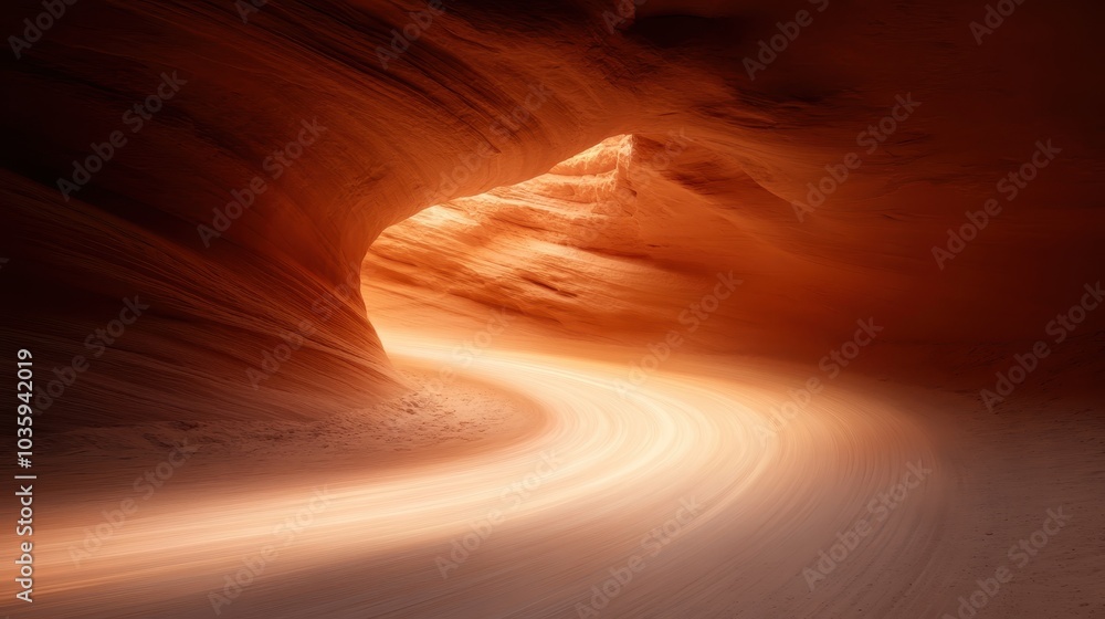 Obraz premium A picturesque red rock canyon illuminated by a dramatic light trail, creating a sense of speed and motion, capturing the beauty of natural formations.