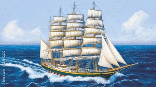 A classic sailing ship with white sails sails across the ocean under a blue sky with white clouds.