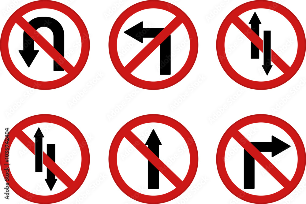 Red Arrows Showing Road Traffic. Prohibitory Road Signs. Vector Icons. No U-Turn, No Left and Right Turns, One-Way Traffic, and No Entry Red Arrows Showing Road Traffic. Prohibitory Road Signs. Vector Icons. No U-Turn, No Left and Right Turns, One-Way Traffic, and No Entry