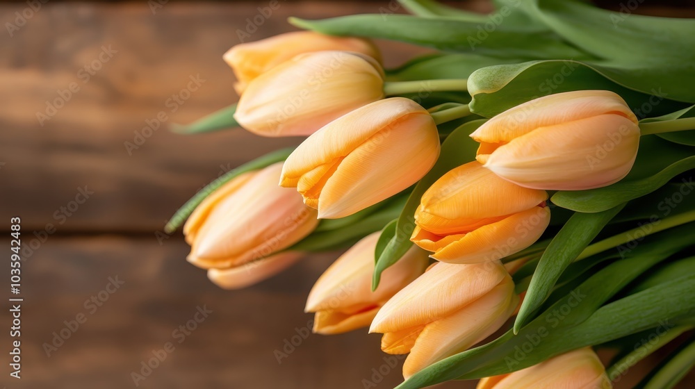 Obraz premium An elegant display of orange tulips, with soft petals and green leaves, artistically arranged against a wooden backdrop, embodying natural beauty and tranquility.