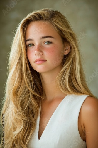 Serene Beauty Closeup Portrait of Young Woman with Flowing Blonde Hair in Soft, Neutral Tones