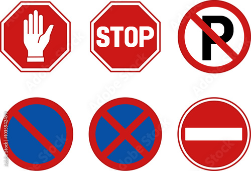 Red Road Signs Prohibiting Parking. Vector Icons. No Parking, Stopping, Waiting, and Entry