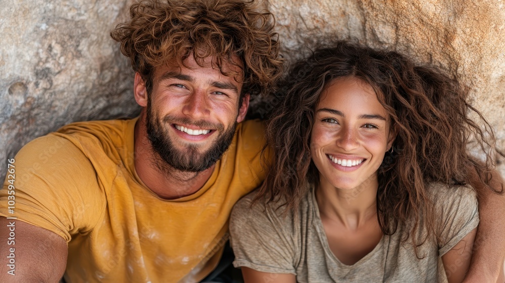 Capturing a young couple enjoying their hiking adventure, exuding happiness and connection against the rocky landscape, highlighting exploration and companionship. Capturing a young couple enjoying their hiking adventure, exuding happiness and connection against the rocky landscape, highlighting exploration and companionship.