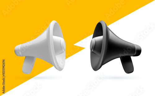Vector illustration of shine black and white megaphone with shadow on color background. Communication loudspeaker. 3d style design of announcement bullhorn and speaker for social media