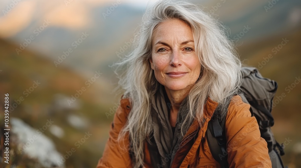 An experienced hiker woman with flowing hair rests amidst a breathtaking mountain panorama, exemplifying calm reflection and appreciation for nature. An experienced hiker woman with flowing hair rests amidst a breathtaking mountain panorama, exemplifying calm reflection and appreciation for nature.