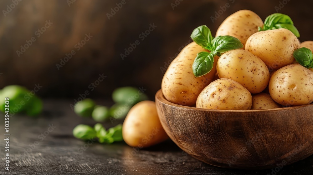 A rustic wooden bowl filled with natural potatoes garnished with fresh green basil, representing health and simplicity in culinary presentation. A rustic wooden bowl filled with natural potatoes garnished with fresh green basil, representing health and simplicity in culinary presentation.