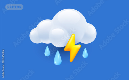 Vector weather rainy storm day illustration of fluffy cloud with shine yellow color lightning and rain drop on blue background. 3d cartoon style design of thunderstorm cloud with lightning and rain