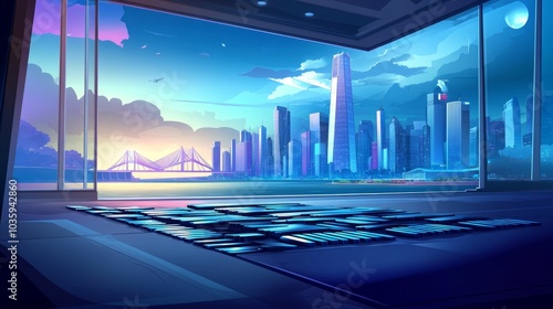 A futuristic room with a large window overlooking a cityscape with skyscrapers, a bridge, and a full moon. photo